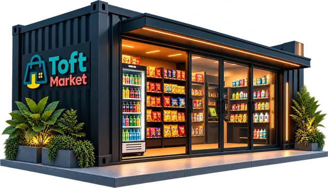Mini-mercado Toft Market montado em container, com geladeira e prateleiras abastecidas